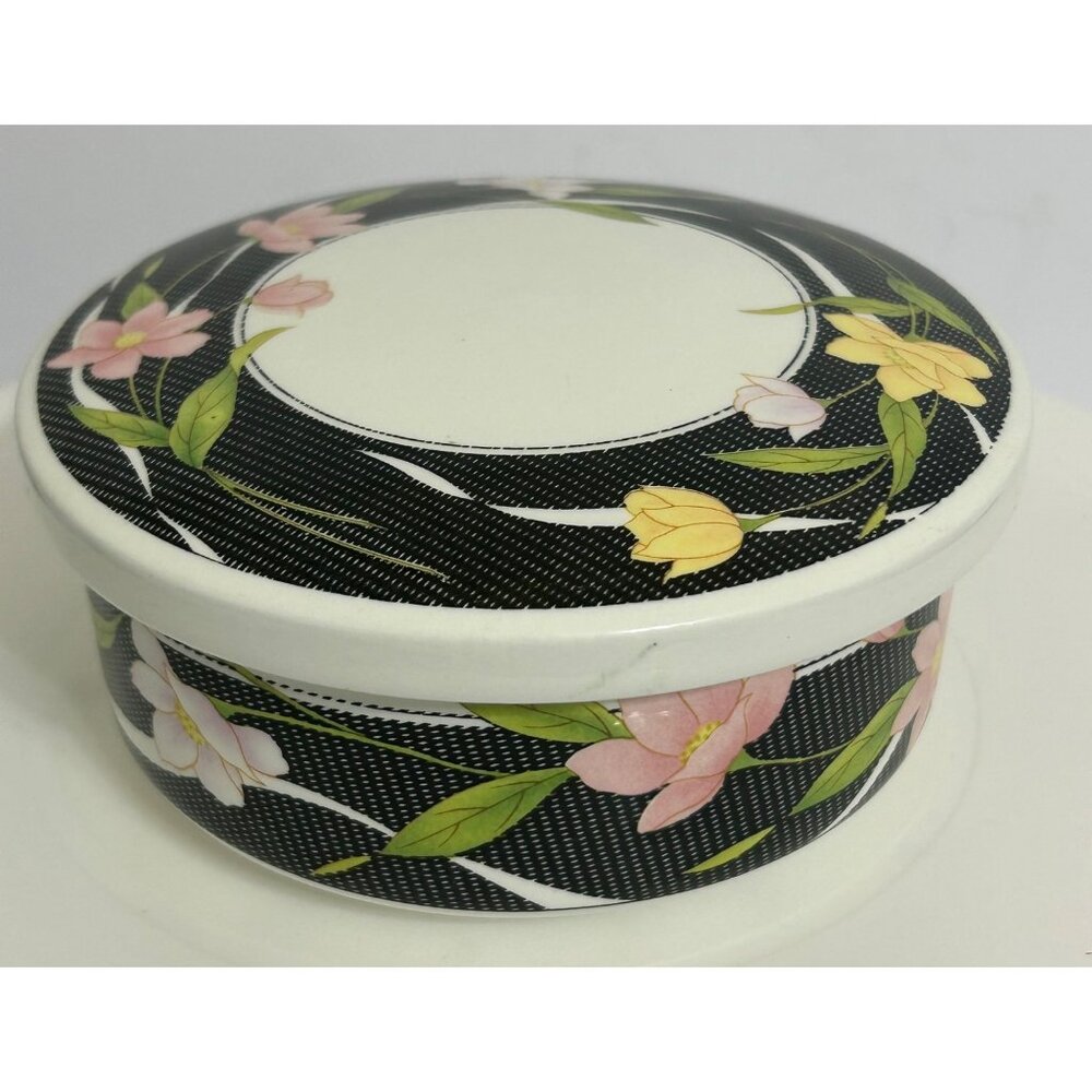 Vintage Oriental Floral Trinket / Jewelry Dish w/ Lid Black Yellow Pink Korea - Picture 9 of 9